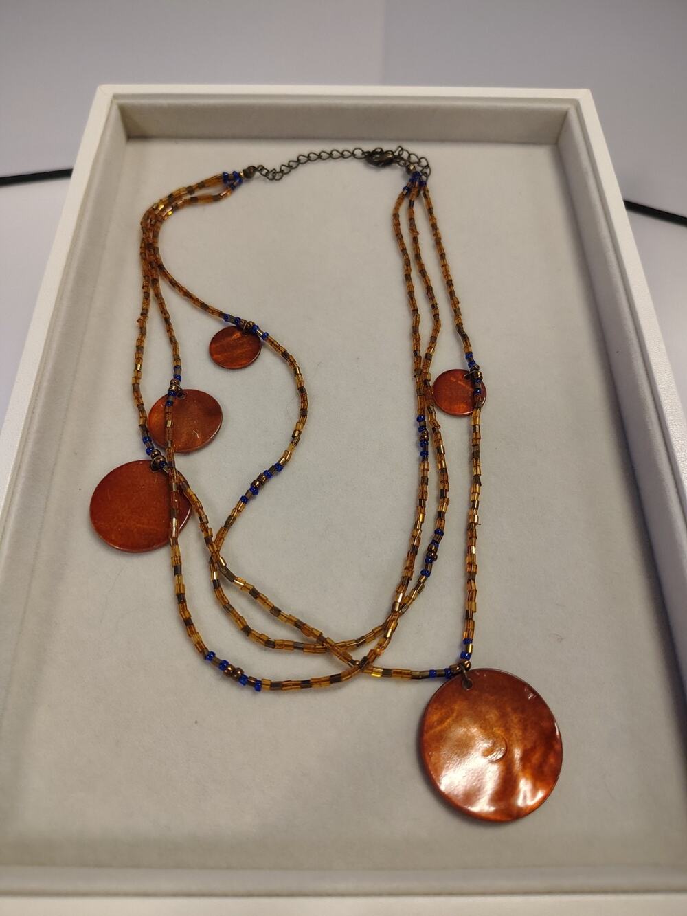 Asymmetrical Triple Strand Brown & Blue Disks & Glass Bead Necklace 19" Handmade